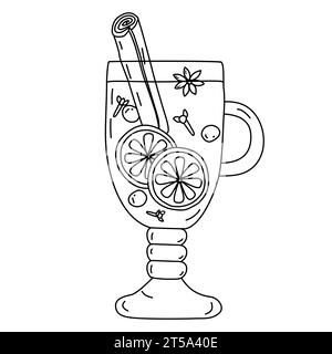 Glas mit Glühwein, Anisstern, Nelken, Preiselbeere, Zimtstab und Zitrusscheiben, Doodle-Stil flache Vektor-Umrissillustration Stock Vektor