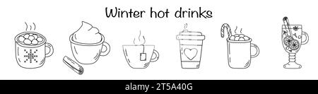 Set mit verschiedenen warmen Wintergetränken, heißer Schokolade, Kaffee, Tee, Glühwein, Kakao, Doodle-Stil flache Vektor-Umrissillustration für Kinder Malbuch Stock Vektor