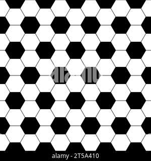 Nahtloses Muster für den Fußball. Wiederkehrender schwarzer Fußballdruck auf weißem Hintergrund. Wiederholte sechseckige Textur für sportliche Prints. Abstrakt Stock Vektor