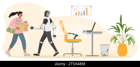 Das Mädchen kommt mit Box zur Arbeit. Roboter trifft sich, streckt ihre Hand zur Begrüßung aus. Personalbeschaffung. Zusammenarbeit, gemeinsame Arbeit. Bürokonzept. Stellen Sie bei ein Stock Vektor