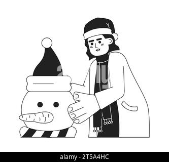 Eine Frau aus dem Nahen Osten, die einen Schneemänner in schwarz-weißer 2D-Zeichentrickfigur macht Stock Vektor