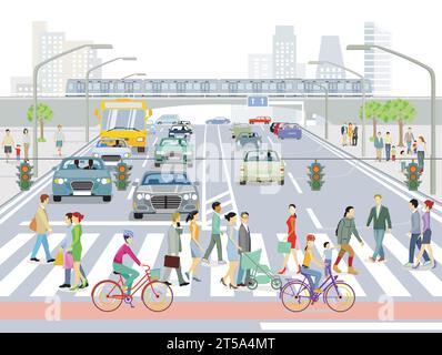 Menschen auf dem Fußgängerüberweg und Straßen- und Schienenverkehr, Illustration Stock Vektor