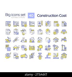 Bearbeitbare, mehrfarbige große Symbole für die Baukosten Stock Vektor
