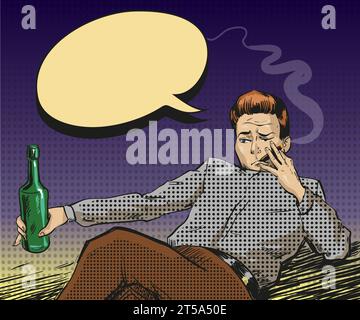 Vektor-Pop-Art-Illustration des rauchenden Mannes mit Flasche Stock Vektor