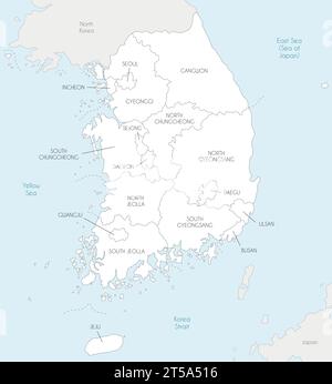 Vektorkarte von Südkorea mit Provinzen, Metropolen und Verwaltungsbereichen sowie Nachbarländern. Editierbar und deutlich beschriftet l Stock Vektor