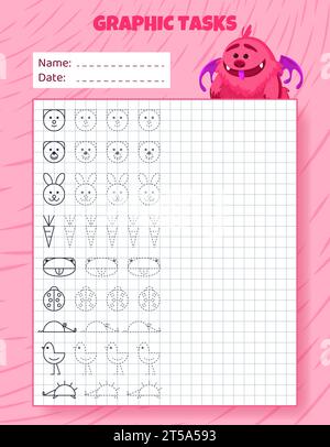 Zeichnen nach Zellen. Lernspiel für Vorschulkinder. Arbeitsblätter mit Monster zum Üben von Logik und Motorik. Grafische Aufgaben für Kinder mit unterschiedlichen Stock Vektor