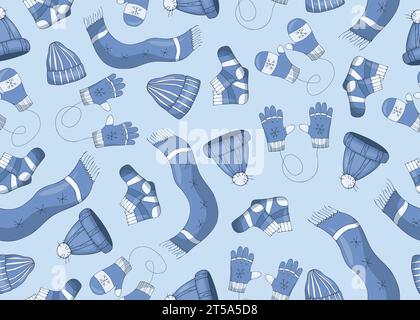 Nahtloses Muster mit Winterkleidung, Schals, Hüten, Handschuhen und Fäustlingen sowie Socken wirt Schneeflocken auf blauem Hintergrund. Stock Vektor