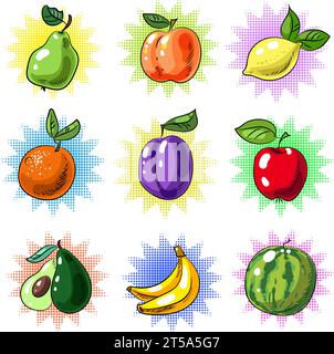 Vector Vintage Pop Art Obst Patch oder Aufkleber Set Stock Vektor