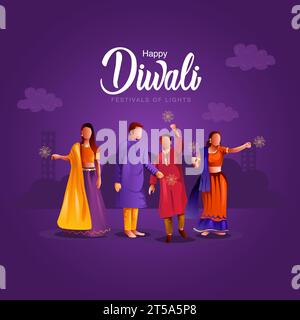 Indian Festival Happy Diwali mit Diwali Requisiten, Urlaub Hintergrund, Diwali feiert Menschen Grußkarte, Vektor-Illustration Design. Stock Vektor