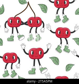 Lustiges Retro-Groovy-Muster mit Cartoon-Hippie-Charakteren. Komische Kirschen mit Gesichtern, Händen und Beinen. Grooviger Sommer-Vektor-Beerendruck. Süß Saftig Stock Vektor