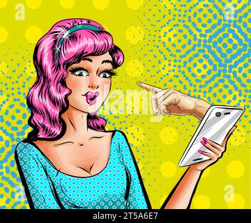 Vektor Pop Art schöne Frau mit Smartphone Stock Vektor