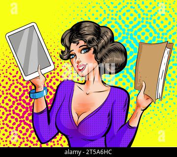 Vektor Pop Art schöne Frau mit Buch und E-Reader Stock Vektor