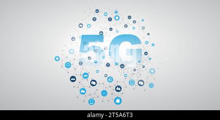 5G-Etikett mit Netzwerk-Mesh, Symbole für verschiedene digitale Dienste - Hochgeschwindigkeits-Breitband-Mobilfunk und Design für drahtloses Internet, Stock Vektor