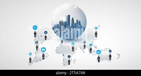 Moderner Stil Globale Netzwerke, Worldwide Business, IT Connections – Social Media Concept Design mit global vernetzten Menschen, Figuren Icons, City in Stock Vektor