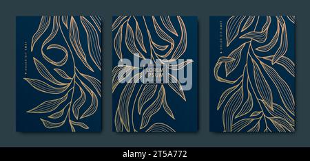 Vektor-Art-Deco, luxuriöse goldene Blumenabdeckungen. Linie Blätter im japanischen Stil, natürliche Texturmuster, Cover, Flyervorlagen. Eleganter, welliger Vintage Stock Vektor