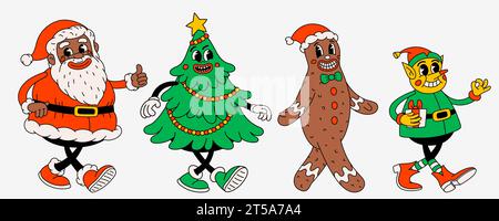 Weihnachtsfiguren im Retro-Stil. Grooviger Vintage 70er Jahre lustiger schwarzer Weihnachtsmann, Elf, Ingwerbrot Mann und weihnachtsbaum mit glücklichen Gesichtern und Stock Vektor