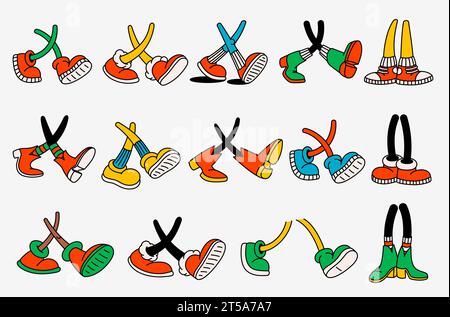 Retro-Zeichentrickfiguren Beine. Groovige Vintage 30er 60er 70er verschiedene Füße in verschiedenen Positionen und Schuhen. Stock Vektor