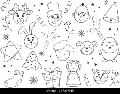 Setzen Sie weihnachtliche Designelemente im Doodle-Stil. Niedliche Charaktere und Symbole Silvester handgezeichnete Kollektion. Einfaches Umrissbild Hase, Schneemann, Hirsch Stock Vektor