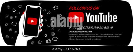 YouTube Follow US Webbanner. Hand einer Frau, die ein Smartphone mit Youtube-Logo auf dem Bildschirm hält. Vektorabbildung. Flache Farben. Bearbeitbare Vorlage. Stock Vektor