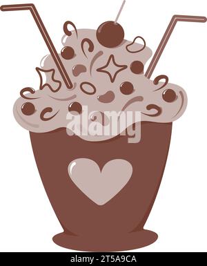 Dessert in einer Tasse mit Cocktailstroh und Dekoration in monochromen Schokoladentönen. Happy Cake Day. Isolieren. EPS. Vektoraufkleber, Symbole, Poster, Banner, Plakate oder Karten und andere Verwendungszwecke Stock Vektor