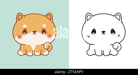 Vektor Shiba Inu Hündchen mehrfarbig und schwarz und weiß. Wunderschöne Clip Art Baby Hund. Cartoon Vektor Illustration von Kawaii Baby Tier für Aufkleber Stock Vektor