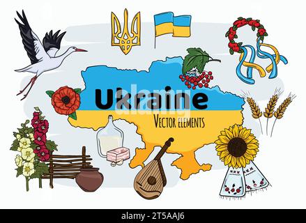 Helle Vektor-Karikaturillustration Ukraine mit einer Reihe von Symbolen und Elementen Stock Vektor