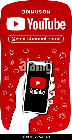 YouTube Follow US vertikales Banner. Hand einer Frau, die ein Smartphone mit Youtube-Logo auf dem Bildschirm hält. Vektorabbildung. Flache Farben. Stock Vektor