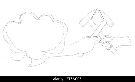 Eine durchgehende Sprechblase mit Hammer. Illustration dünner Linien Tool Vektorkonzept. Konturzeichnung kreative Ideen. Stock Vektor