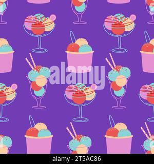 Buntes nahtloses Muster des Eiskrem-Vektors. Dessertsorten. Eis und eine Schüssel. Farblich minimalistische Sommerillustration. Ideal für Karten und Typografie Stock Vektor