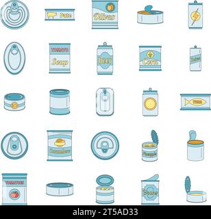 Icons-Set für Lebensmittelverpackungen in Dosen. Umrissdarstellung von 25 Dosendosen Lebensmittelverpackungsgefäß Vektorsymbolen dünne Linie flach auf weiß Stock Vektor