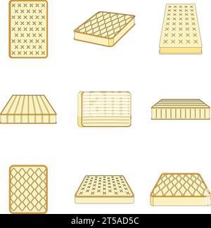 Symbole für Matratzen-Squab-Bettwäsche. Umrissdarstellung von 9 Matratze Squab Bettwäsche Vektor Symbole dünne Linie Farbe flach auf weiß Stock Vektor