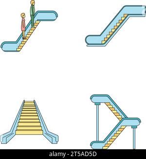 Symbole für Fahrtreppenaufzüge eingestellt. Umrissdarstellung von 4 Vektorsymbolen für Fahrtreppenaufzüge, dünne Linie, flach auf weiß Stock Vektor