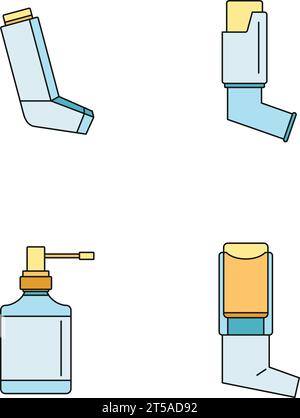 Inhalator Breather tiefe Atemluft Gesundheit Versorgung Asthma Icons Set. Umrissdarstellung von 4 Inhalatoren Entlüfter tiefer Atemzug Gesundheitspflege Asthma Vektor Symbole dünne Linie Farbe flach auf weiß Stock Vektor