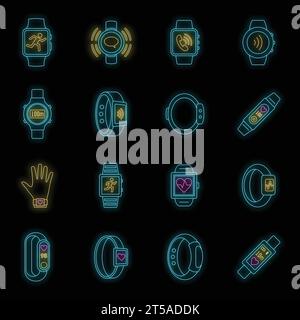 Sport Fitness Tracker Symbolsatz. Umrisssatz von Sport Fitness Tracker Vektorsymbolen Neonfarbe auf Schwarz Stock Vektor