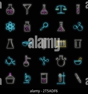 Symbolsatz für Wissenschaftslabor. Umrisssatz von wissenschaftlichen Laborvektorsymbolen Neonfarbe auf Schwarz Stock Vektor