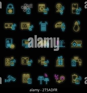 Symbolsatz für intelligentes Gebäude. Kontursatz intelligenter Gebäudevektorsymbole Neonfarbe auf Schwarz Stock Vektor