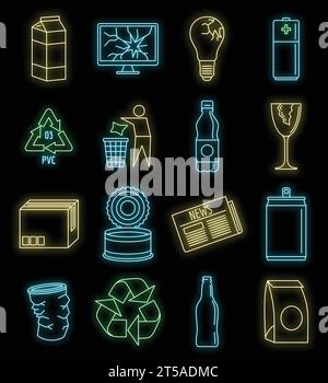 World Recycles Day Symbolsatz. Umrisssatz von Welt recycelt Tag Vektor Symbole Neonfarbe auf Schwarz Stock Vektor
