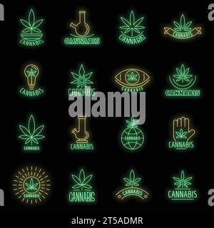 Set mit Cannabis-Logo. Umriss Set von Cannabis Vektor-Logo neon Farbe auf schwarz Stock Vektor