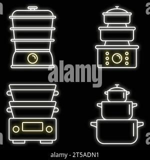 Symbol für Dampfgarer. Umrisssatz von Vektorsymbolen für Kochgarer Neonfarbe auf Schwarz Stock Vektor
