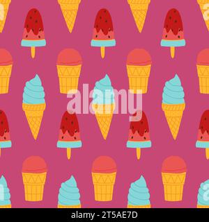 Buntes nahtloses Muster des Eiskrem-Vektors. Dessertsorten. Eis auf einem Stock, Wassermelone und Waffelmais. Farblich minimalistische Sommerillustration Stock Vektor