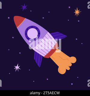 Weltraumrakete auf dem Hintergrund der Sternenhimmel-Vektorillustration. Raumschiff in flachem Stil. Internationaler Tag des menschlichen Raumflugs und der Kosmonautik Stock Vektor