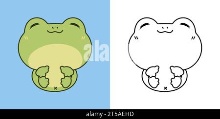 Legen Sie Clipart Froggy Coloring Page und farbige Illustration fest. Kawaii Isolierte Amphibien. Niedliche Vektor-Illustration eines Kawaii Tieres für Aufkleber, Drucke Stock Vektor