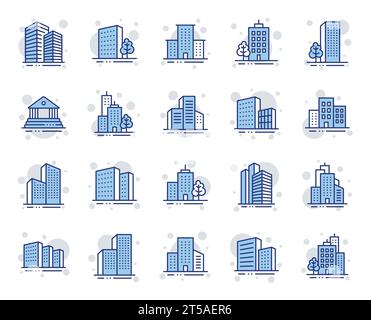 Symbole für Gebäudelinien. Bank, Hotel, Gerichtsgebäude. Stadt, Immobilien, Architektur Gebäude Ikonen. Krankenhaus, Stadthaus, Museum. Urbane Architektur. Stock Vektor