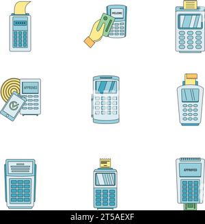 Bankterminal Kartensymbole für Kreditautomaten eingestellt. Umrissdarstellung von 9 Bank Terminal Karte Kreditmaschine Vektorsymbole dünne Linie Farbe flach auf weiß Stock Vektor