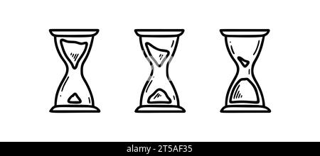 Set mit Symbolen für die Doodle Sanduhr. Zeichnen Sie den Countdown der sandglas-Uhr. Symbol für den handgezeichneten Timer für die Computerschnittstelle. Stock Vektor