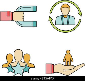 Symbolgruppe für Kundenbindungsmanagement. Gliederung der Vektorsymbole für das Kundenbindungsmanagement, dünne Linie, flach auf weiß Stock Vektor