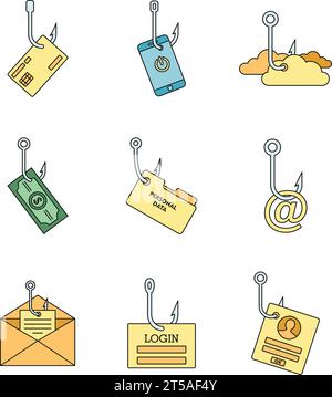 Cyber-Phishing-Symbolgruppe. Kontursatz von Cyber-Phishing-Vektorsymbolen, dünne Linie, flach auf weiß Stock Vektor