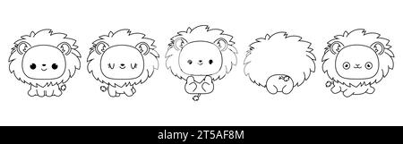 Satz von Vektor-Cartoon Baby Tier Malseite. Sammlung von Kawaii isolierten Baby Lion Outline für Aufkleber, Babydusche, Malbuch, Drucke für Stock Vektor