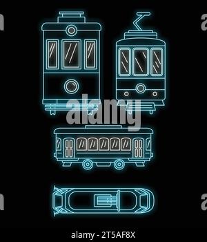 Straßenbahnsymbole. Kontursatz von Straßenbahnvektorsymbolen Neonfarbe auf Schwarz Stock Vektor