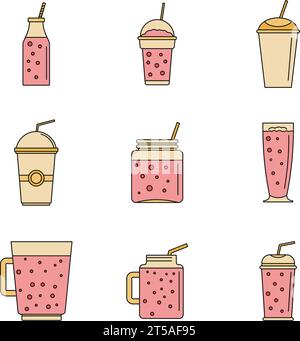 Smoothie Milchshake Fruchtsaft-Icons Set. Umrissdarstellung von 9 Smoothie-Milchshake-Fruchtsaft-Vektor-Icons dünne Linie Farbe flach auf weiß Stock Vektor
